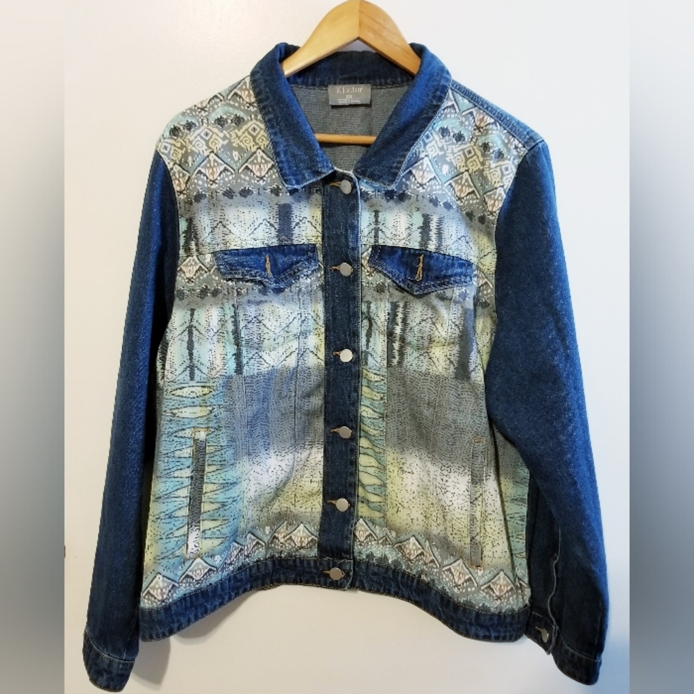 K. Jordan Women's Denim Jacket Buttoned 2X Cotton Geo Gradmacore Teacher Art